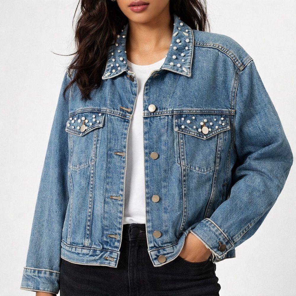 Andrew’s Blues Vintage Pearl Studded Oversized Jean Denim Jacket